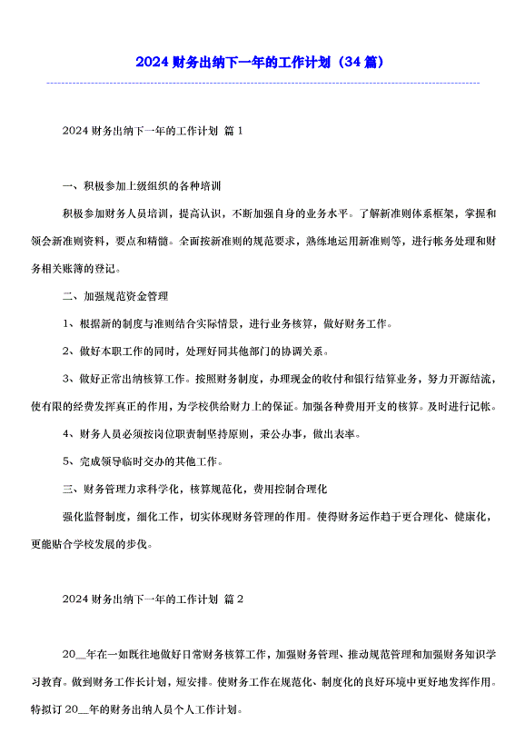 2024財務出納下一年的工作計劃（34篇）